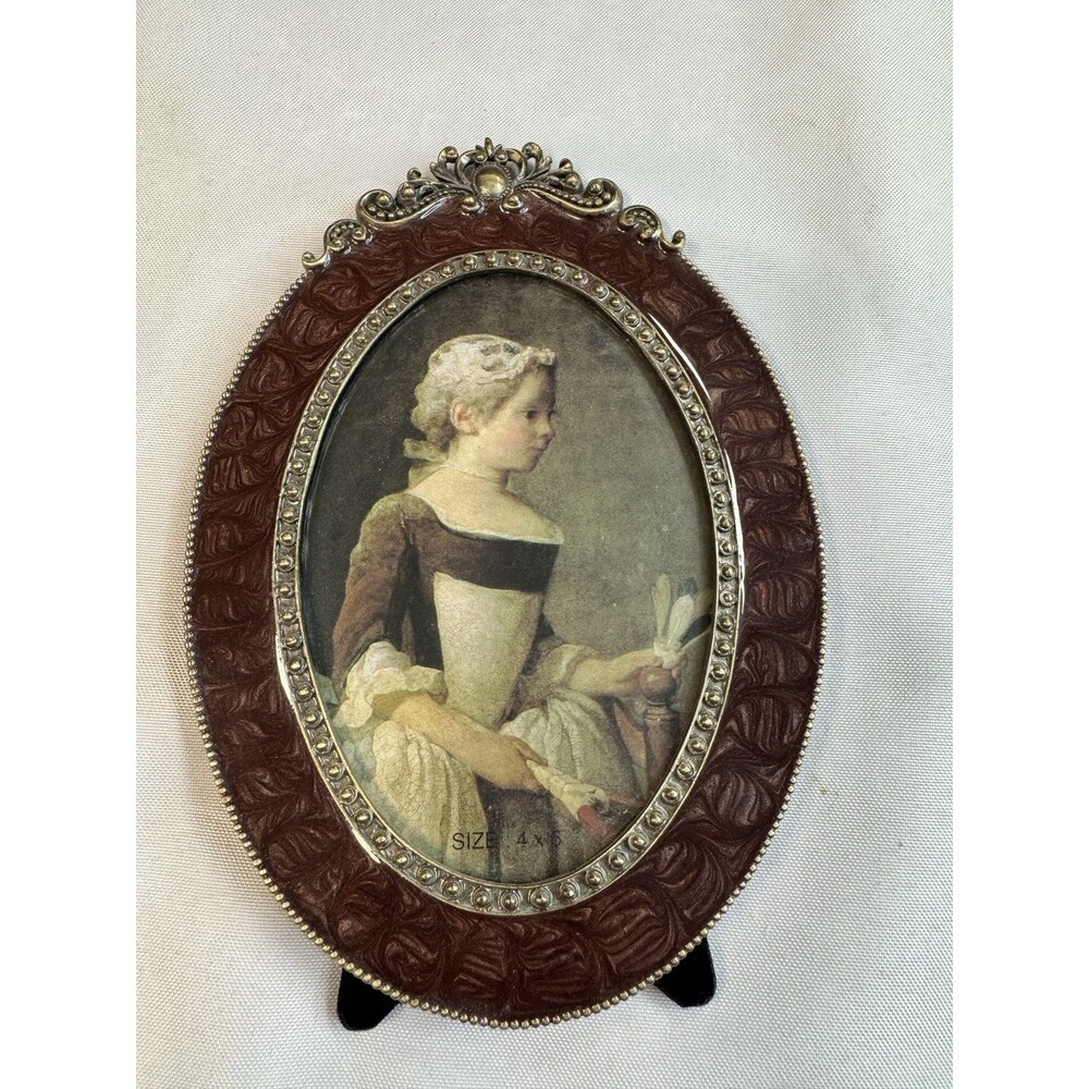 Vintage Victorian Style Oval Picture Frame Brown Enamel Brass Filigree Easel 4x6